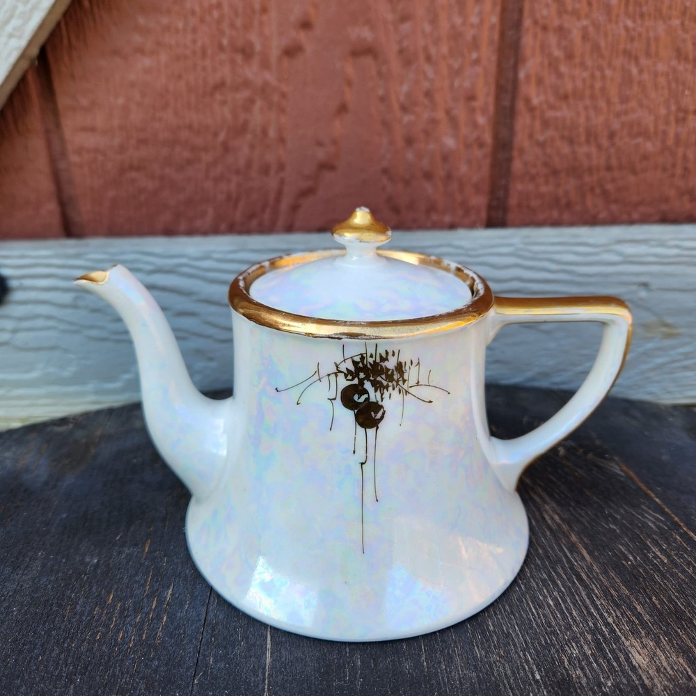 Antique Limoges WG & Co French Lusterware Porcelain Teapot Pearlescent Gold Gilt